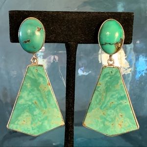 Unique Federico Jimenez Large Turquoise Green Slab Dangle Earrings Clip on 2.5”L